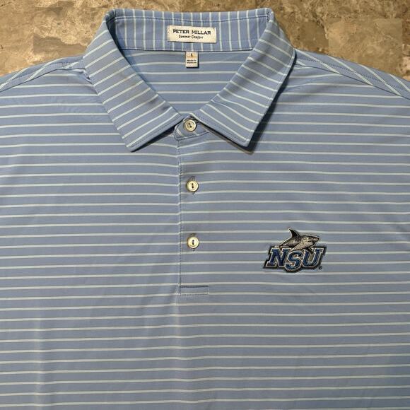 Peter Millar Summer Comfort Polo Mens Large Blue NSU Sharks Striped Golf Stretch - Picture 1 of 8